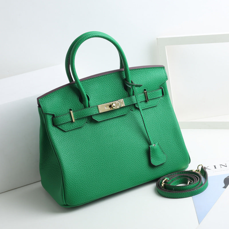 Large Capacity Lychee Pattern Kelly Genuine Cattlehide Leather Handbags