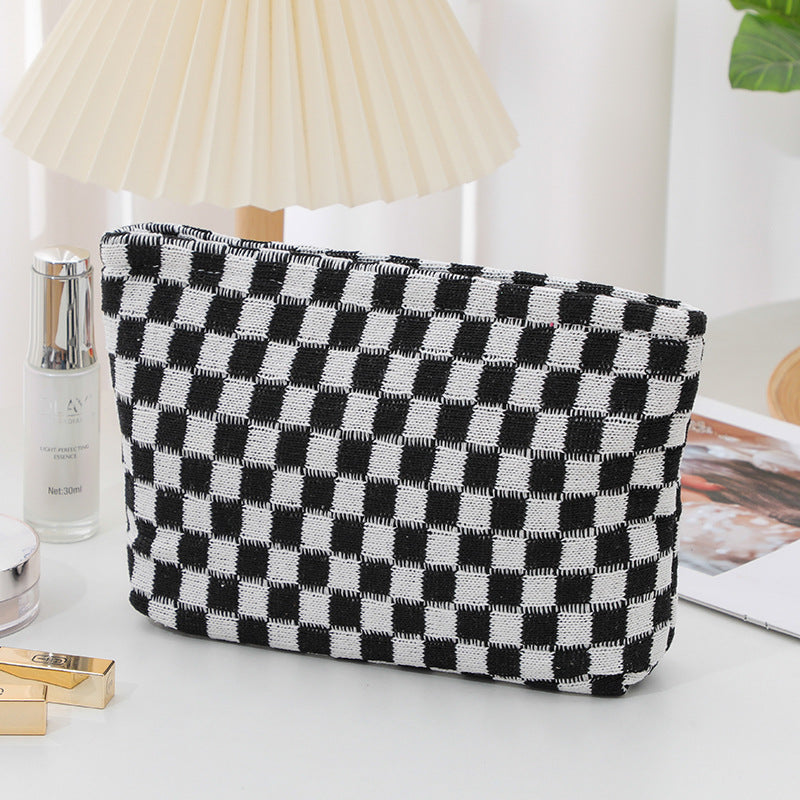 Wool Chessboard Grid Large Capacity Pencil Knitted Cosmetic Bags