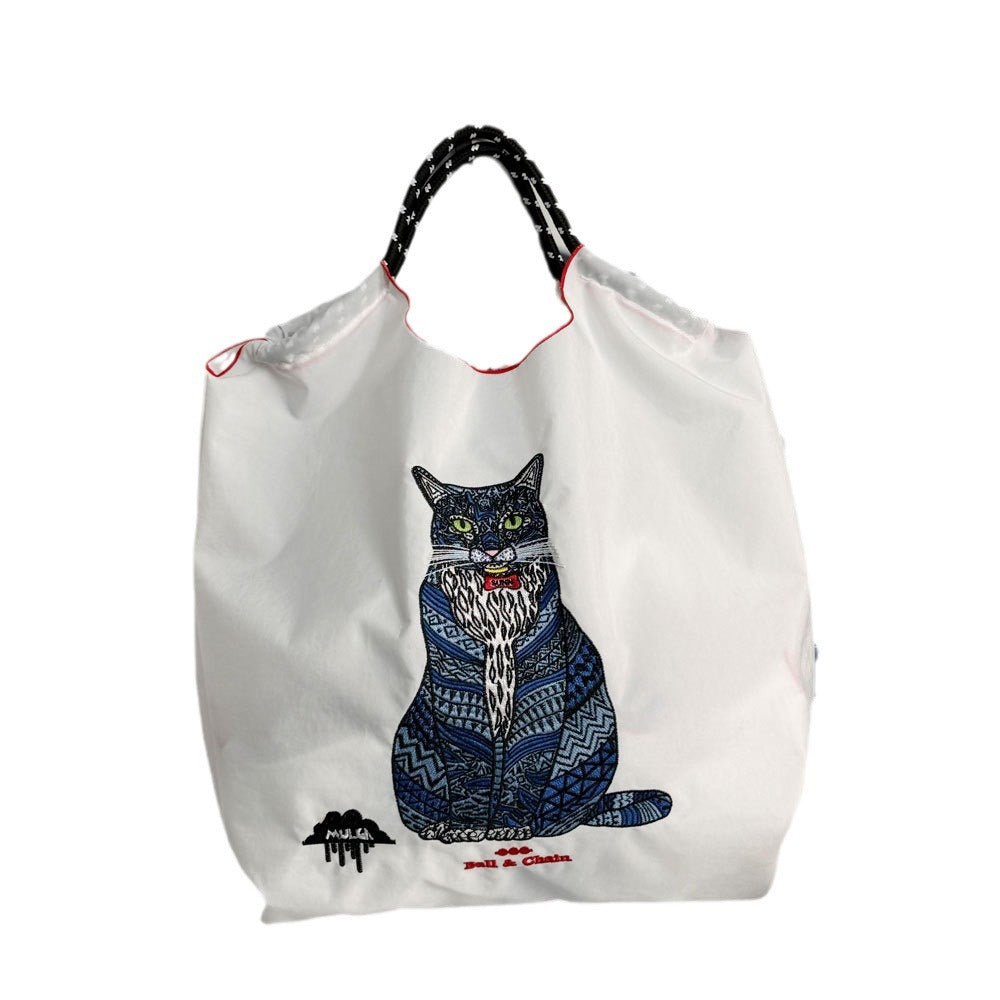 Cat Embroidered Shopping Large Capacity Nylon Bags