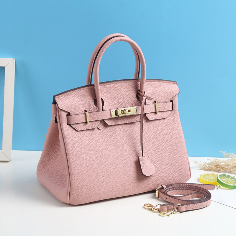 Large Capacity Lychee Pattern Kelly Genuine Cattlehide Leather Handbags