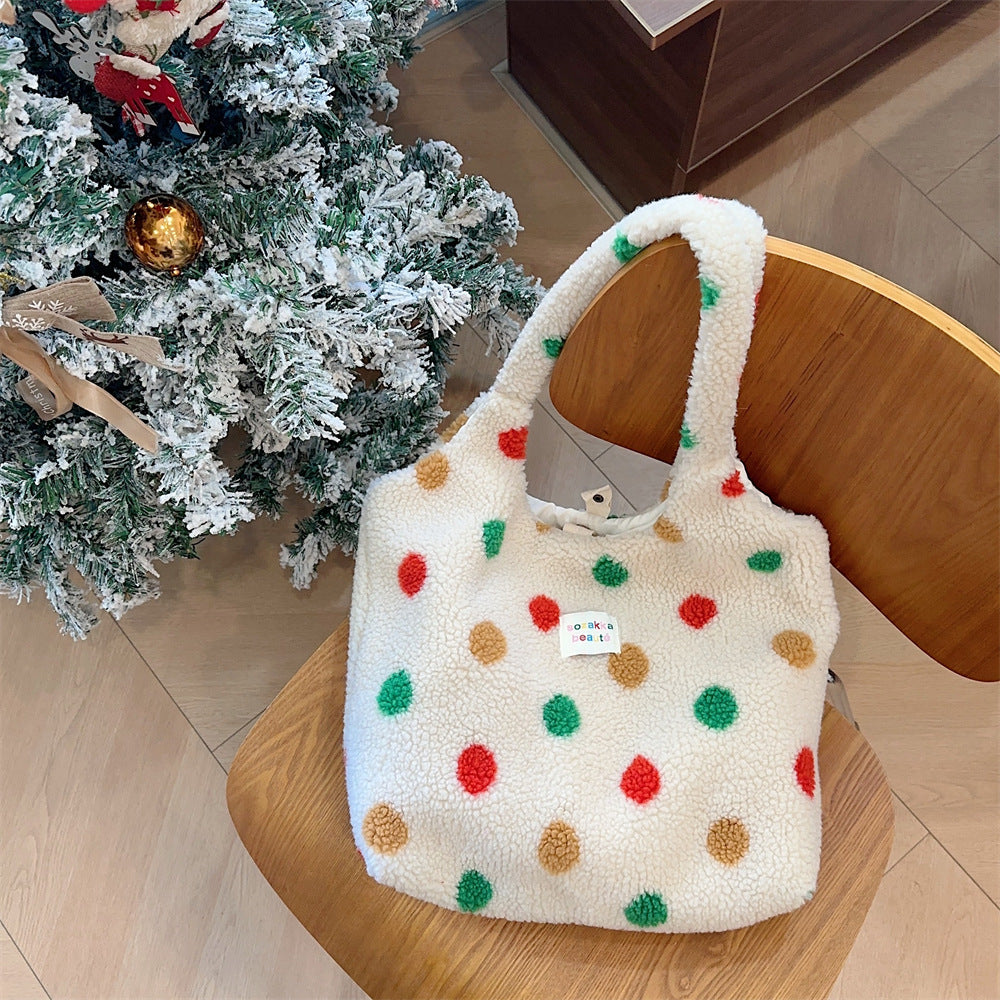 Women's Preppy Style Plush Cute Colorful Polka Shoulder Bags