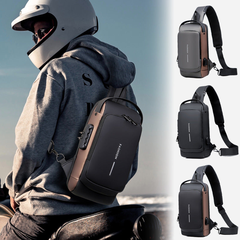 Men's Multifunctional Password Motorcycle Waterproof Charging Port Men's Chest Bags