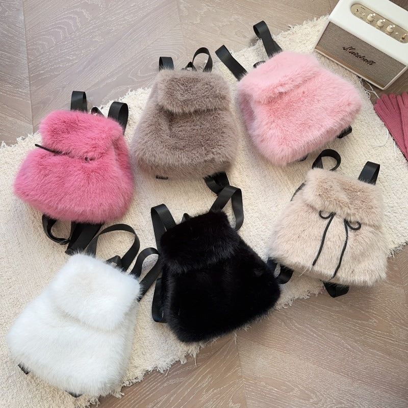 Plush Faux Rabbit Fur Large Capacity Drawstring Leopard Print Handbags