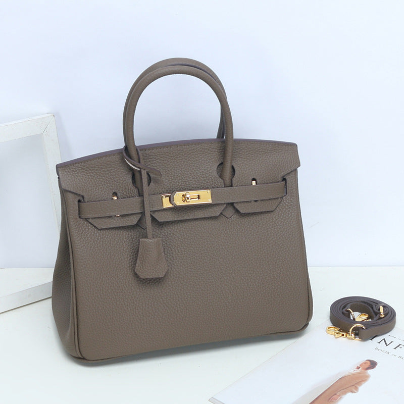 Large Capacity Lychee Pattern Kelly Genuine Cattlehide Leather Handbags