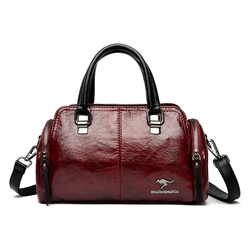 Women's Contrast Color Boston Pillow Soft Leather Portable Handbags