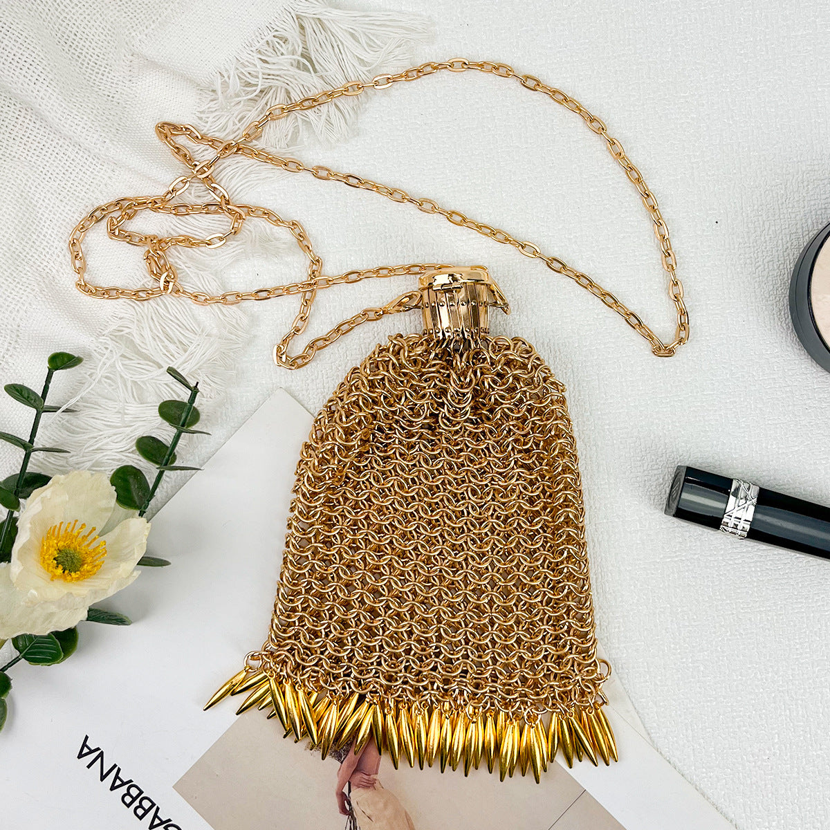 Retro Gold Sier Fine Soft Metal Mesh Women's Messenger Bag