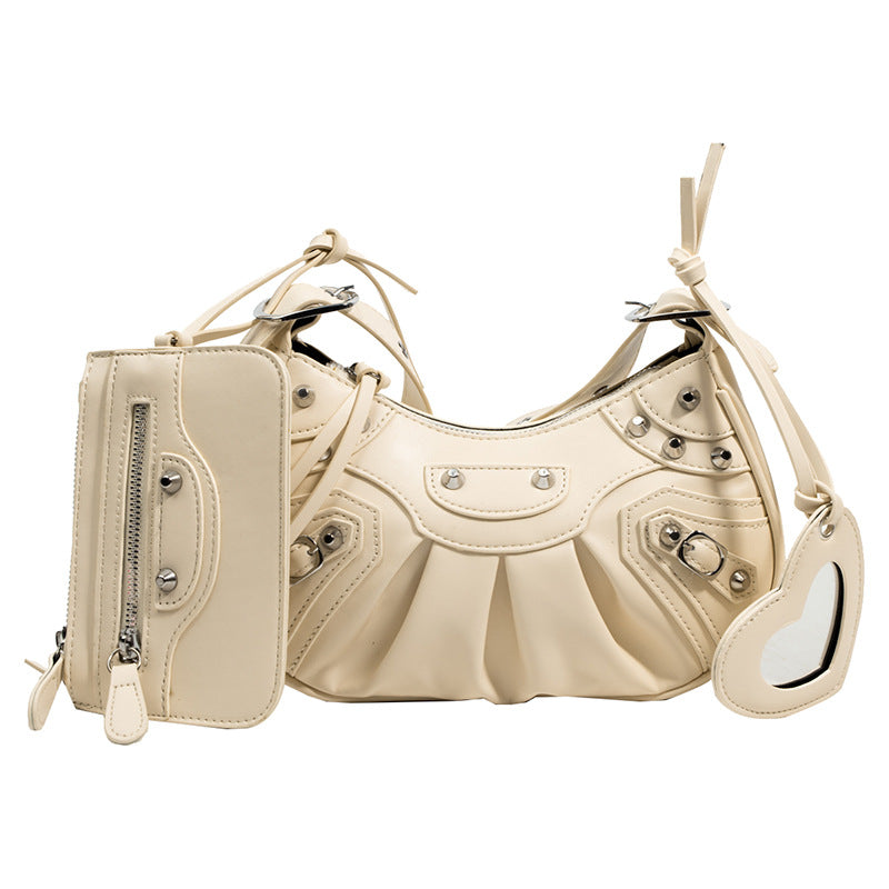 Women's Pleated Crescent Son Mother Retro Rivet Shoulder Bags