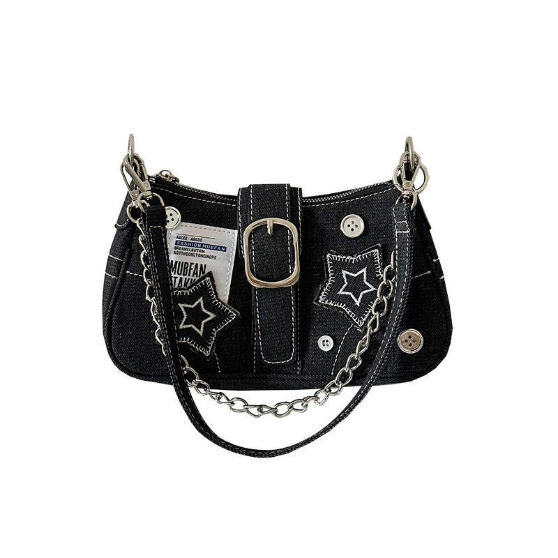 Women's Denim Underarm Vintage Button Portable Chain Shoulder Bags