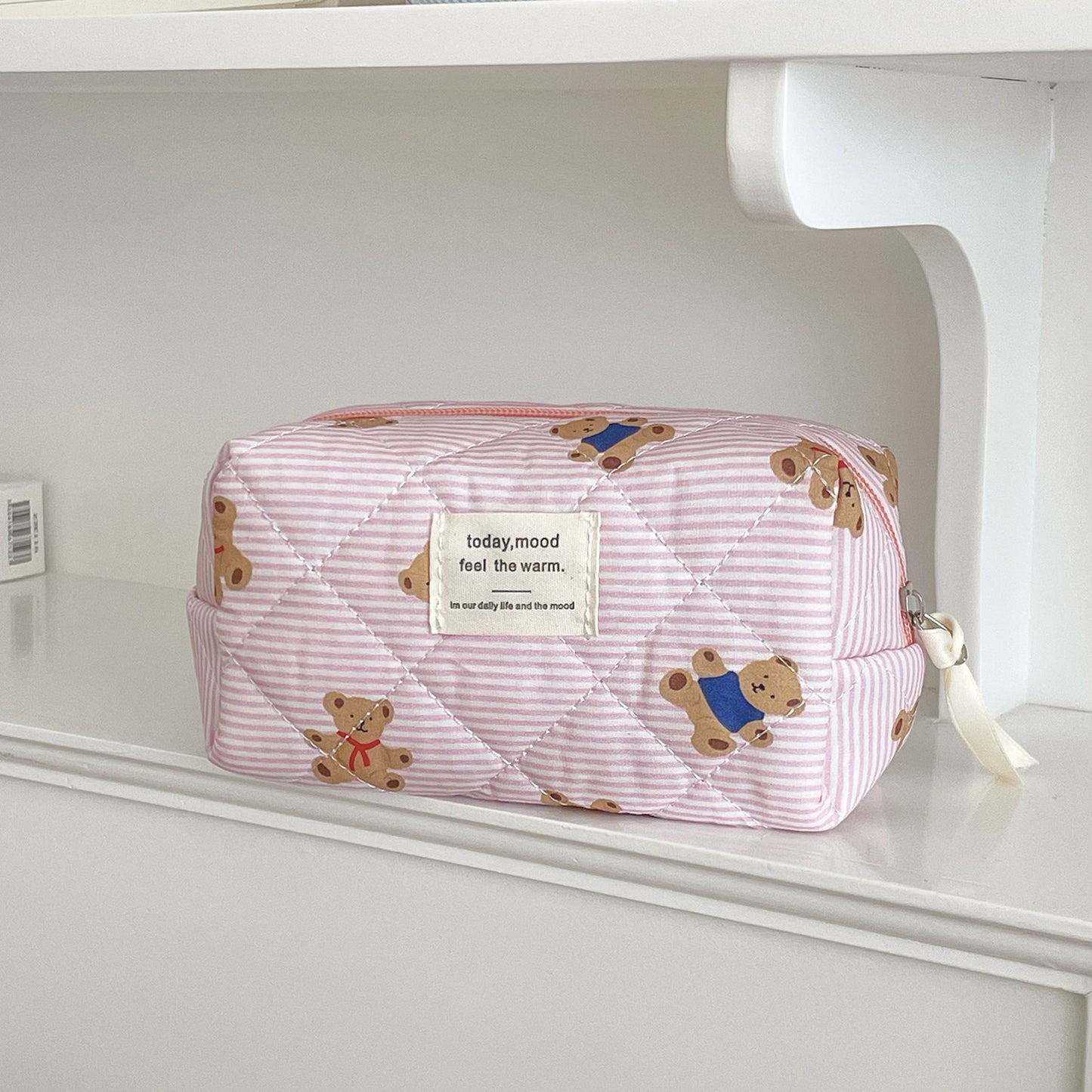 Blue Striped Bear Cartoon Girlish Portable Large Capacity Cosmetic Bags