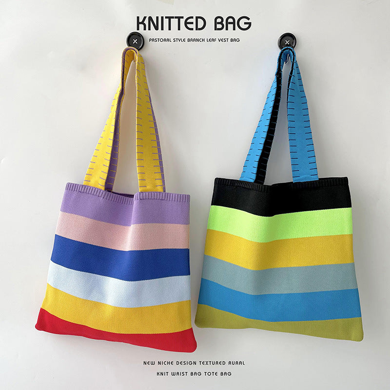 Women's Rainbow Knitted Versatile Large Capacity Commuter Shoulder Bags