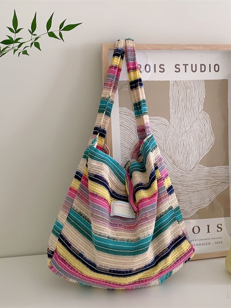 Women's Wool Knitted Contrast Color Rainbow Striped Shoulder Bags