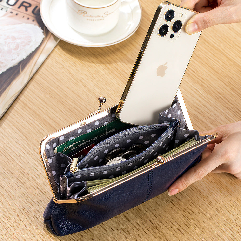 Genuine Leather Retro Clip Long Clutch Simple Frame Storage Handbags
