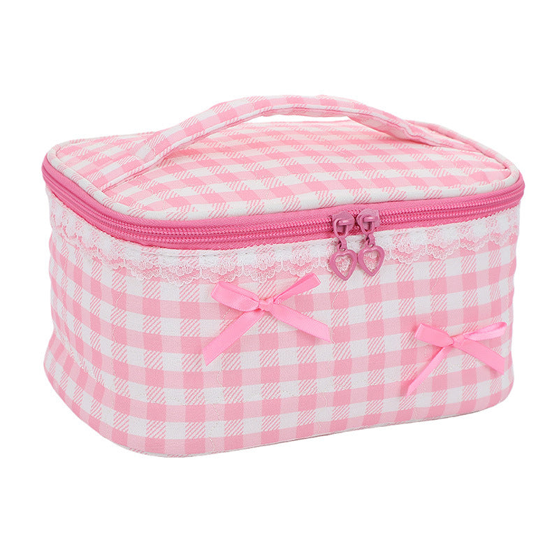 Women's Classic Plaid Bow Large Capacity Portable Storage Makeup Bag