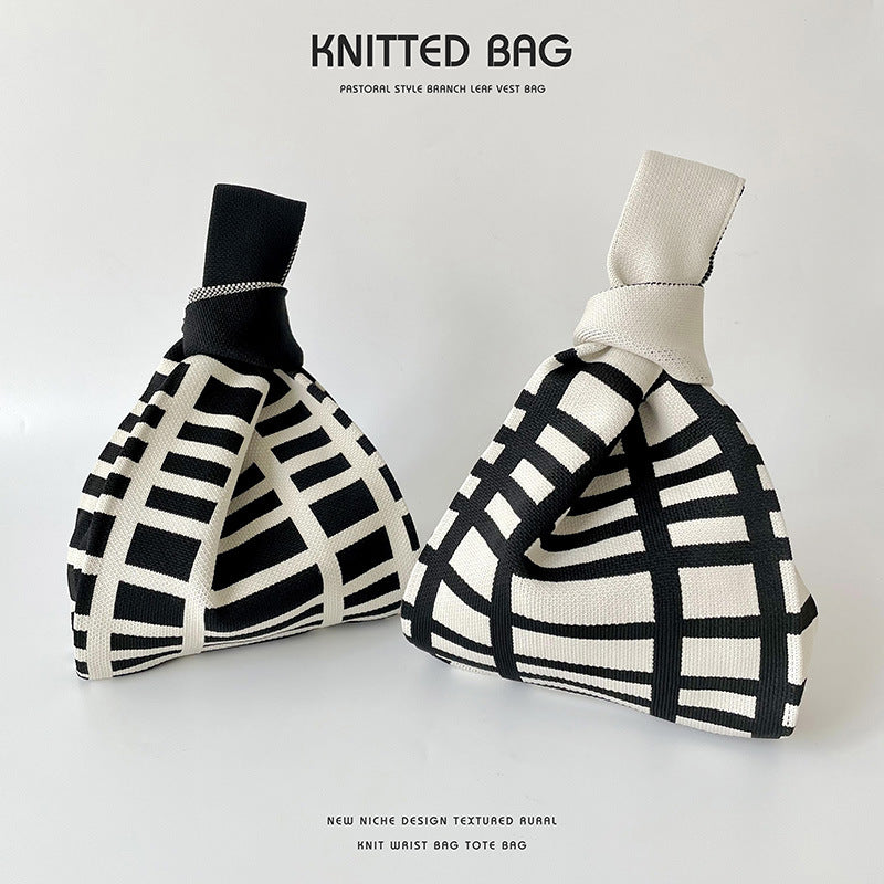 Black White Striped Knitted Hand Holding Versatile Bags