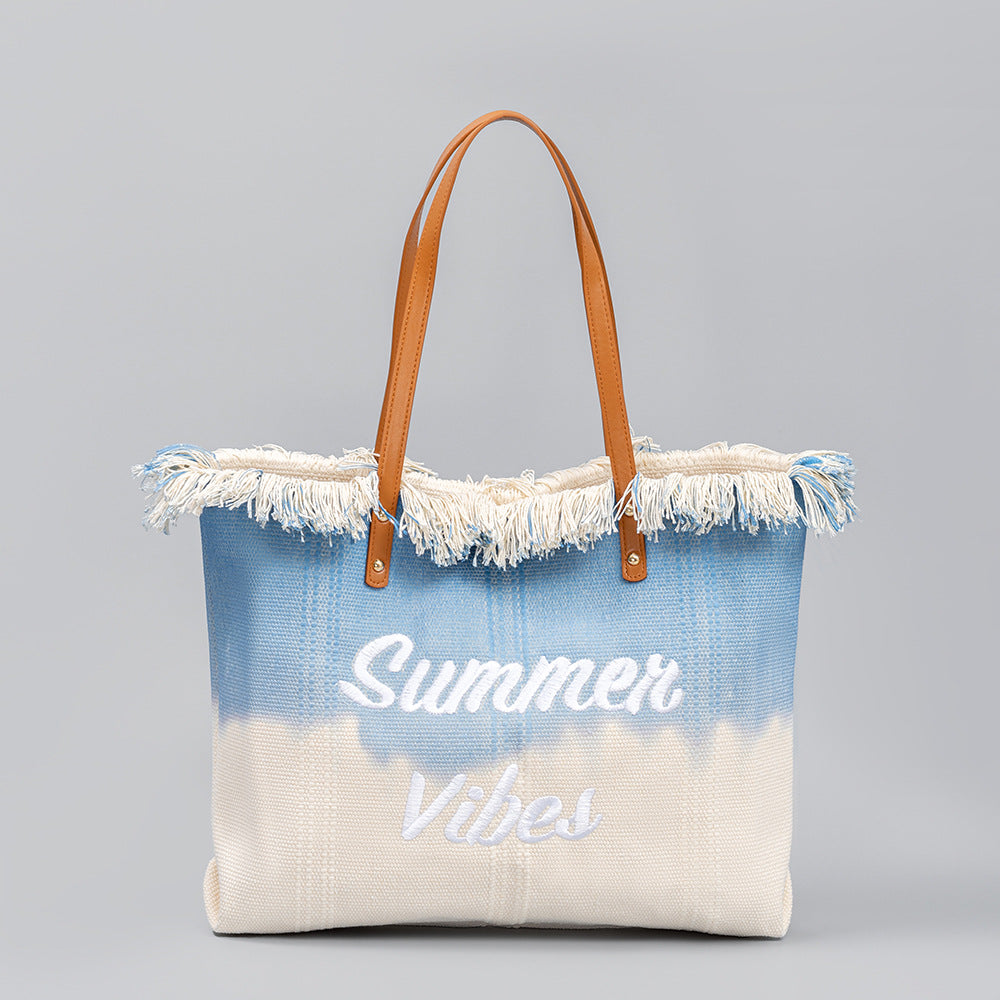 Embroidered Tassel Canvas Magnetic Snap Commuter Shoulder Bags