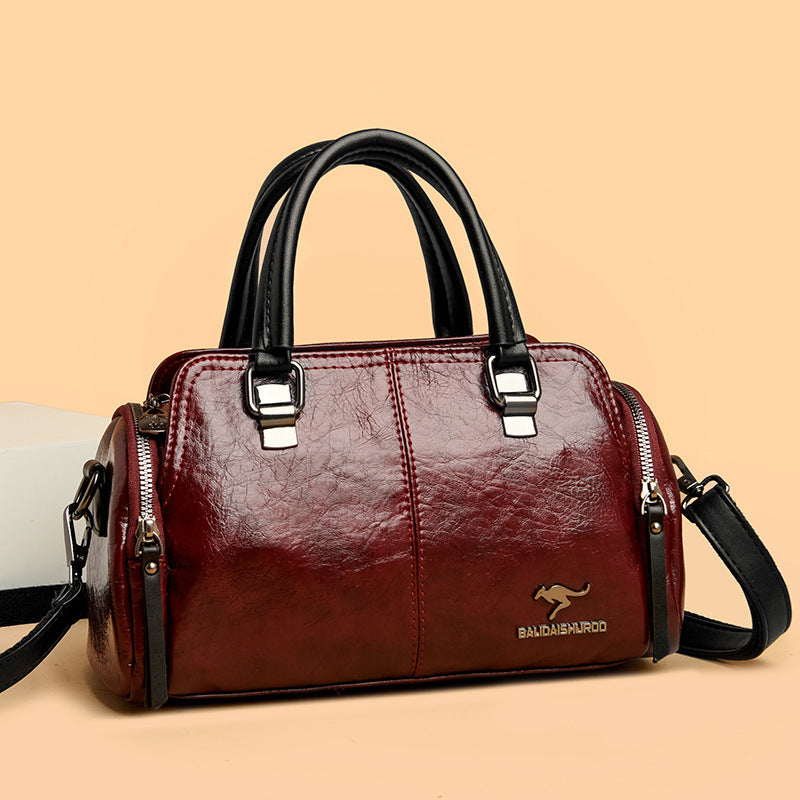 Women's Contrast Color Boston Pillow Soft Leather Portable Handbags