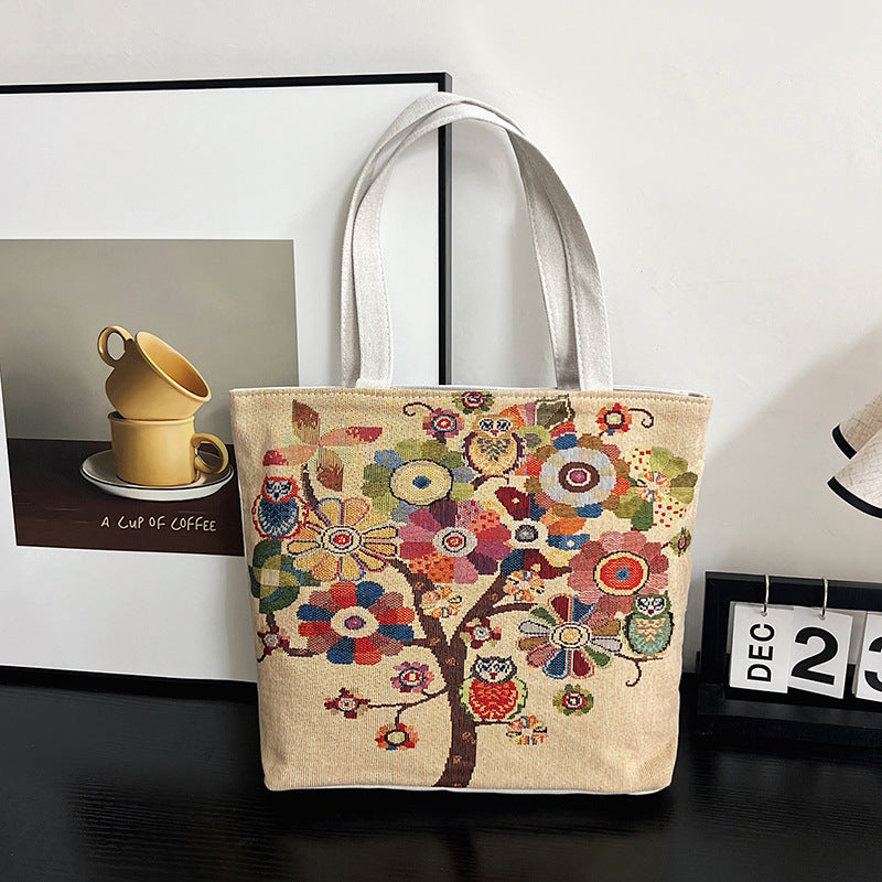 Women's Autumn Korean Style Woven Flower Cartoon Owl Canvas Shoulder Bags