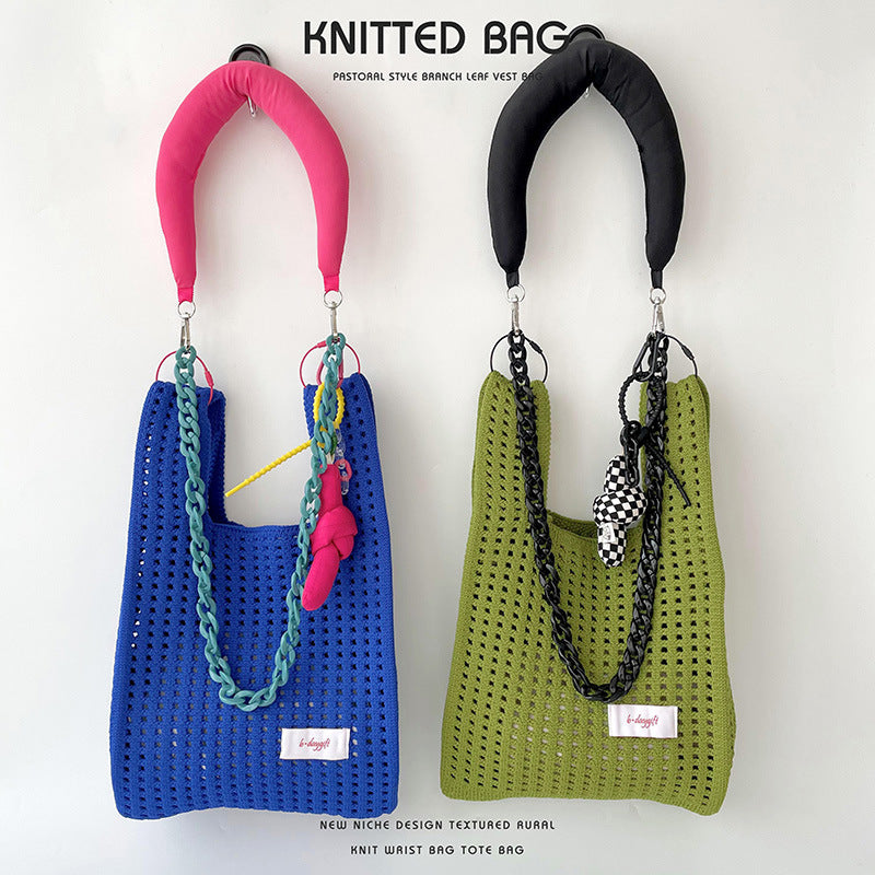 Simple Solid Color Knitted Hollow Hand Shoulder Bags