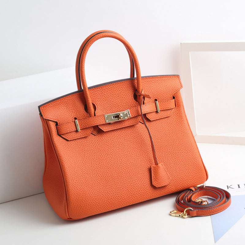 Large Capacity Lychee Pattern Kelly Genuine Cattlehide Leather Handbags