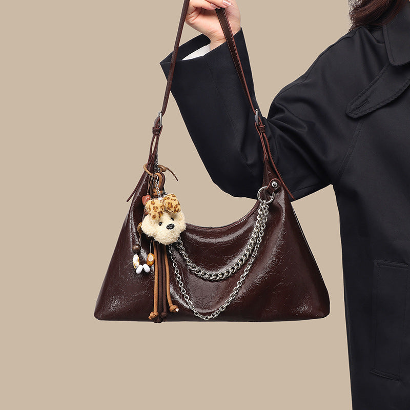 Style Brown Soft Leather Chain Doll Ornaments Retro Korean Women's Messenger Bag