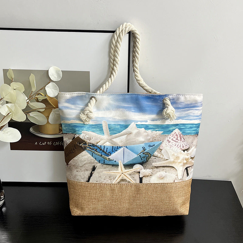 Women's Large Capacity Linen Printed Double-sided Cotton Shoulder Bags