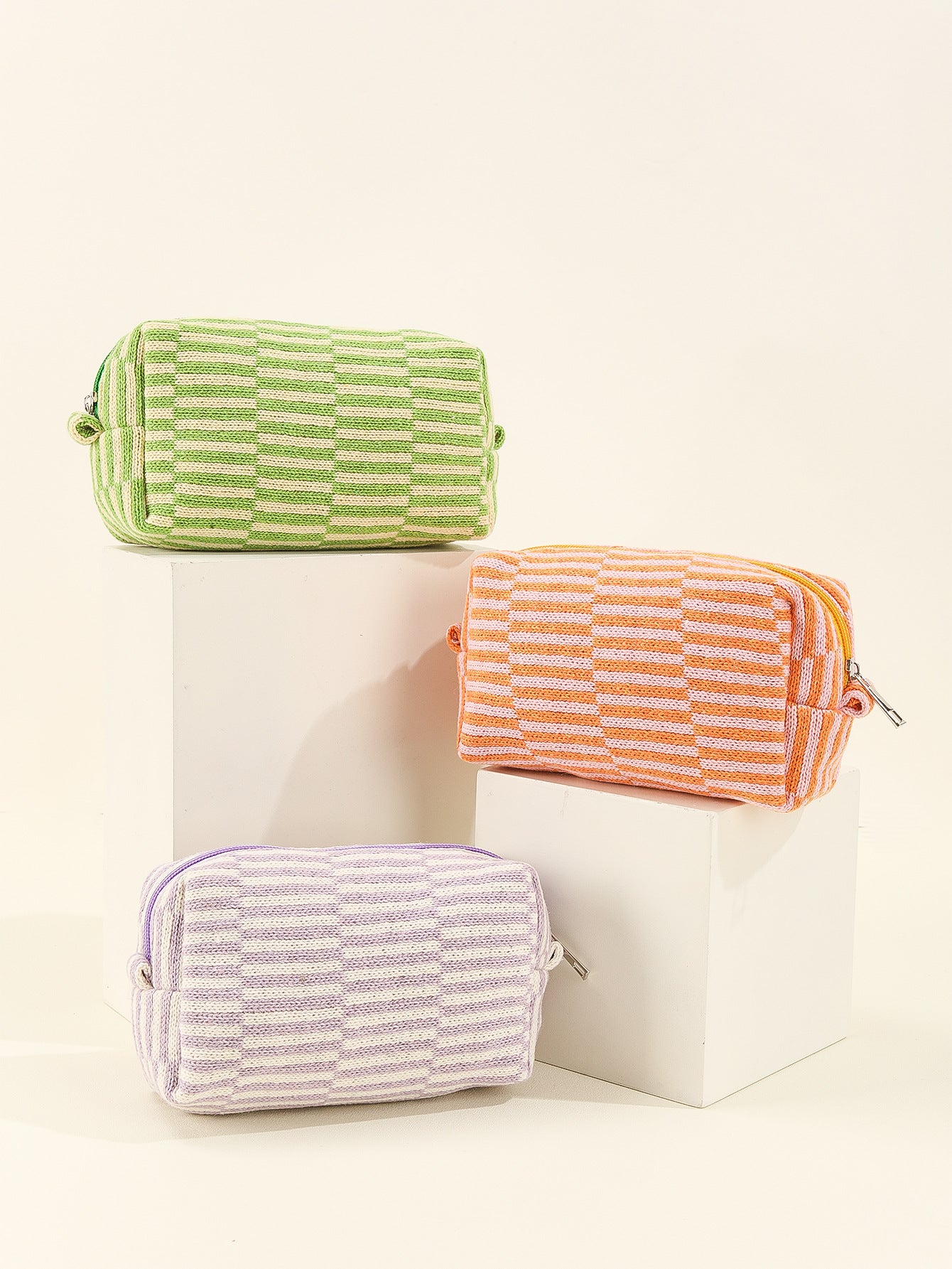 Wool Knitted Large Capacity Striped Color Matching Plaid Cosmetic Bags