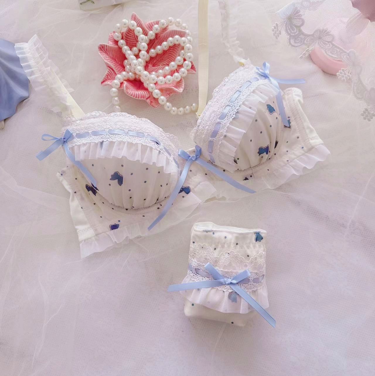 Soluble Ribbon Two-color Thin Cup College Lingerie Sets