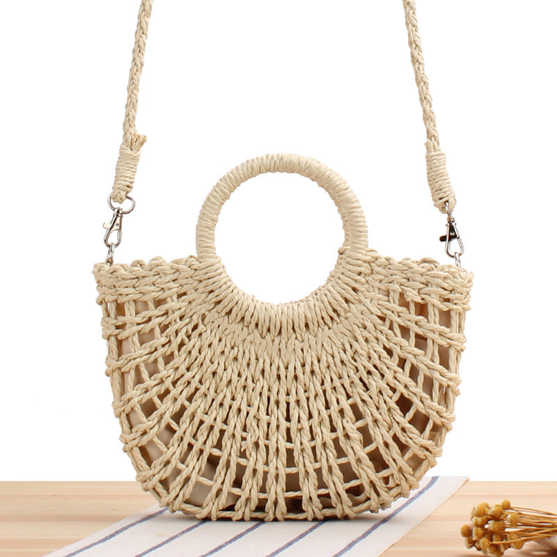 Women's Simple Style Popular Semicircle Hollow Straw Beach Hand-woven Crossbody Bags