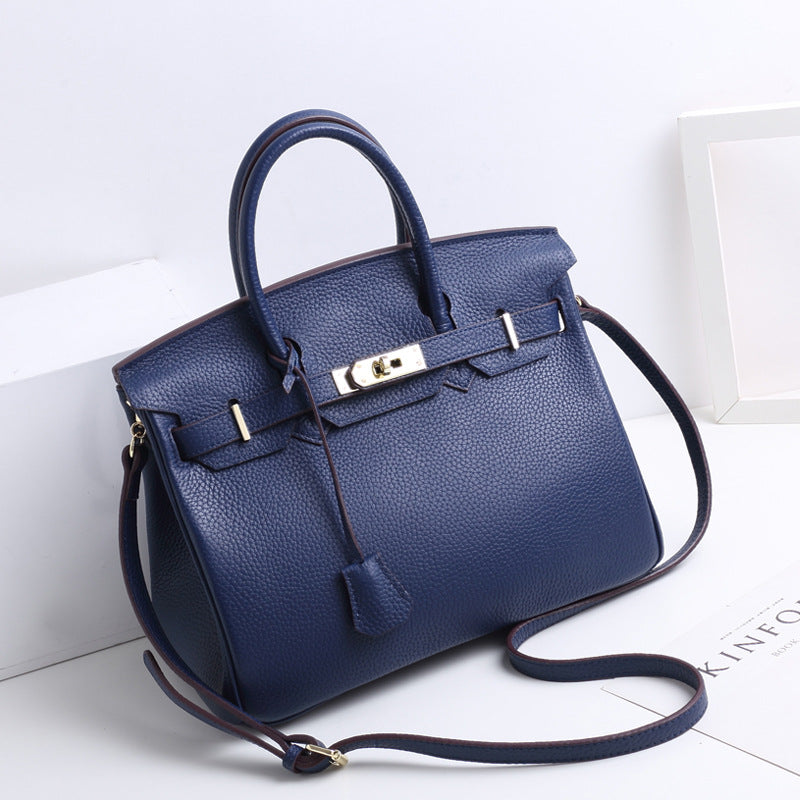 Large Capacity Lychee Pattern Kelly Genuine Cattlehide Leather Handbags