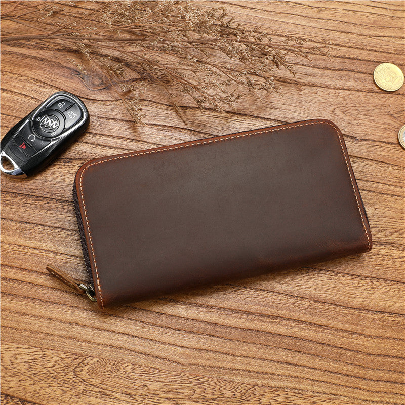 Men's Cowhide Large Capacity Real Long Zipper Handbags