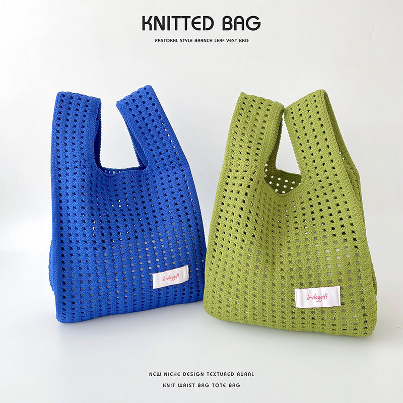 Simple Solid Color Knitted Hollow Hand Shoulder Bags