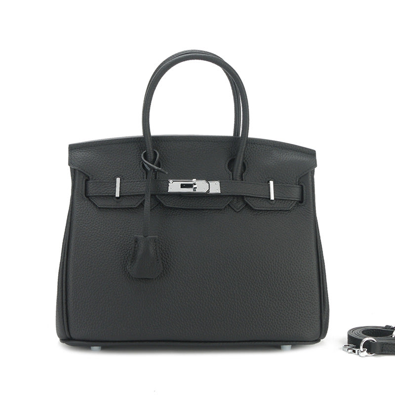 Large Capacity Lychee Pattern Kelly Genuine Cattlehide Leather Handbags