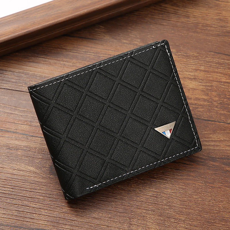Men's Short Male Youth Plaid Multiple Slots Thin Soft Leather Geometric Coin Purses