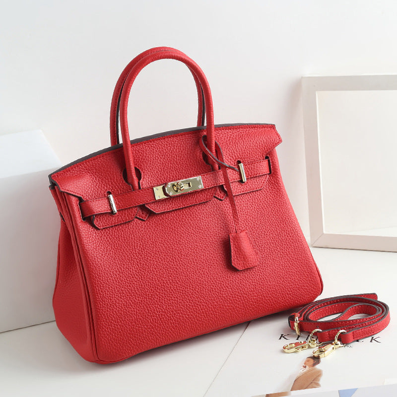 Large Capacity Lychee Pattern Kelly Genuine Cattlehide Leather Handbags