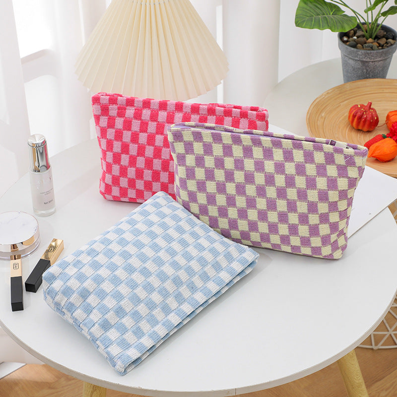 Wool Chessboard Grid Large Capacity Pencil Knitted Cosmetic Bags