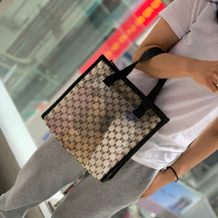 Women's Mesh Flocking Transparent Cutout Large Capacity Handbags