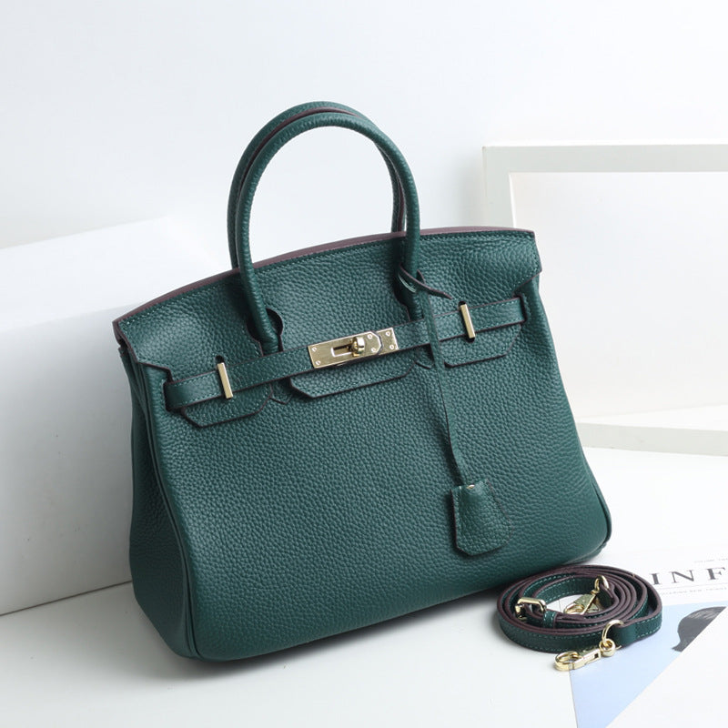 Large Capacity Lychee Pattern Kelly Genuine Cattlehide Leather Handbags
