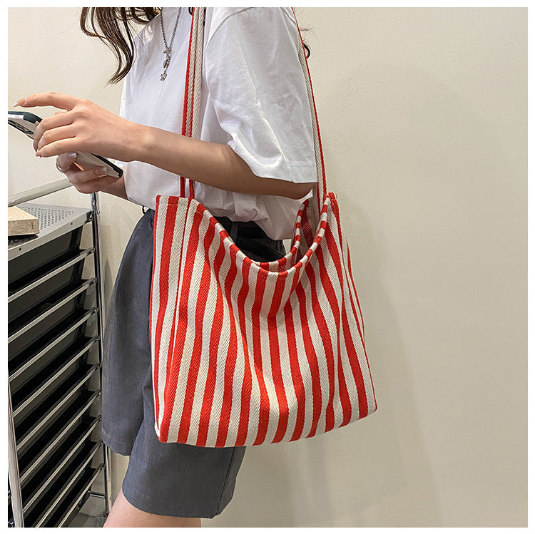 Style Retro Literary Simple Fresh Striped Fashion Large Shoulder Bags