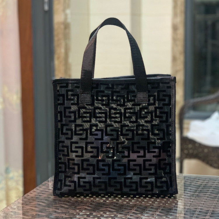 Women's Mesh Flocking Transparent Cutout Large Capacity Handbags