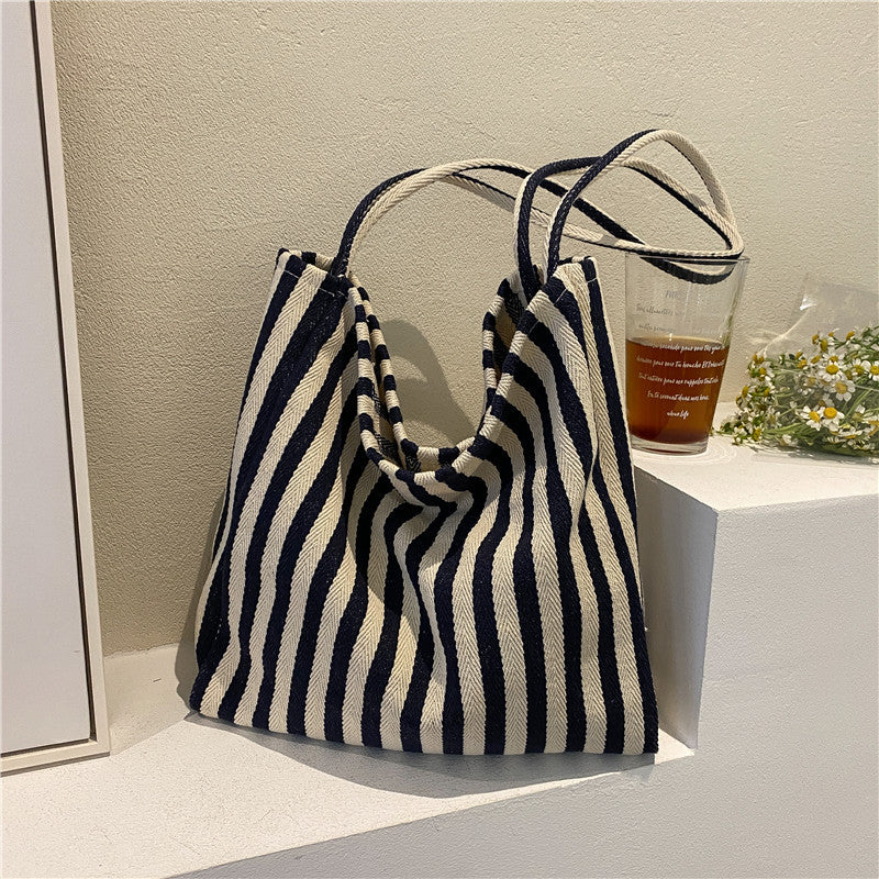 Style Retro Literary Simple Fresh Striped Fashion Large Shoulder Bags