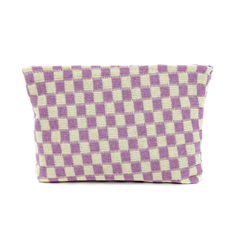Wool Chessboard Grid Large Capacity Pencil Knitted Cosmetic Bags