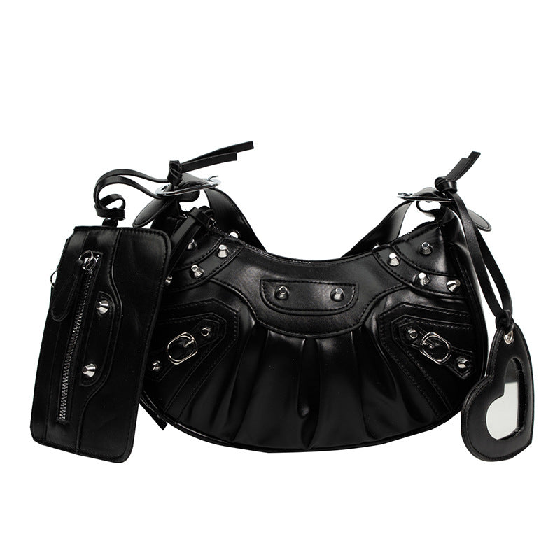 Women's Pleated Crescent Son Mother Retro Rivet Shoulder Bags