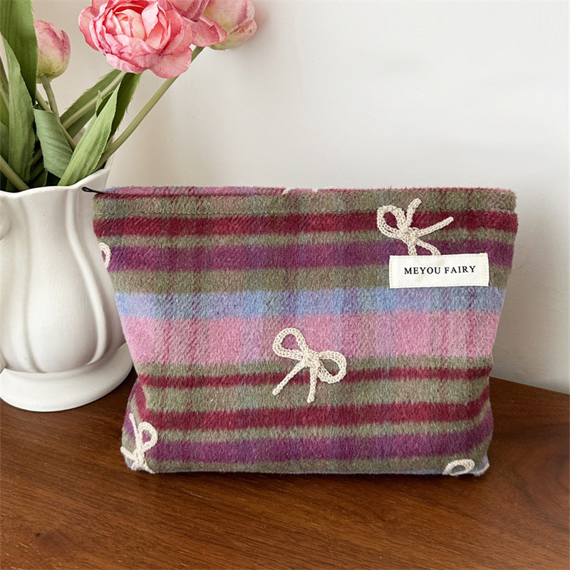 Plaid Woolen Bow Storage Large Capacity Wash Makeup Bag
