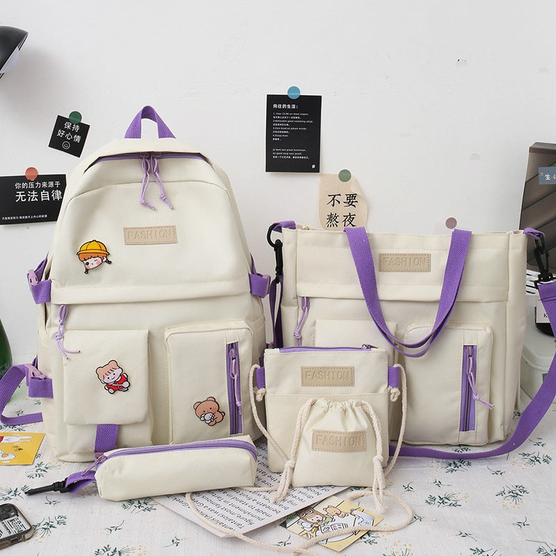 Women's College Korean Contrast Color Canvas For Junior Backpacks