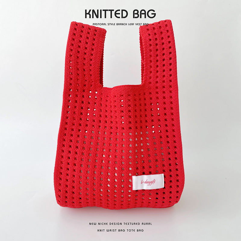 Simple Solid Color Knitted Hollow Hand Shoulder Bags