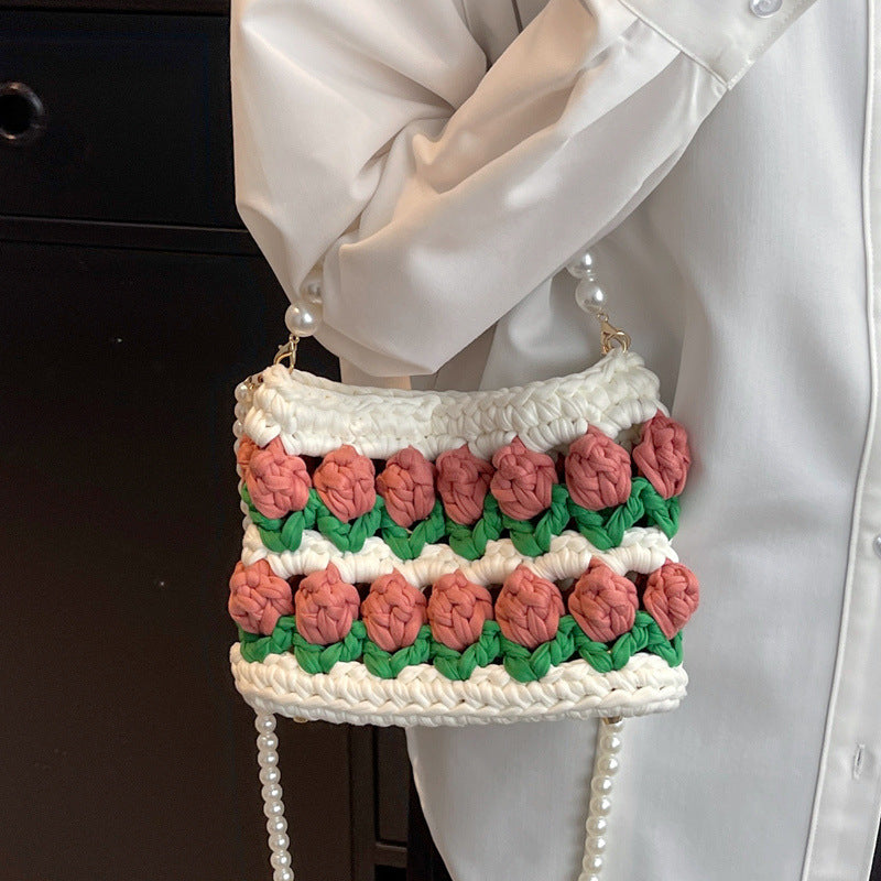 Fairy Style Tulip Hand-woven Strip Thread Material Pearl Crossbody Bags
