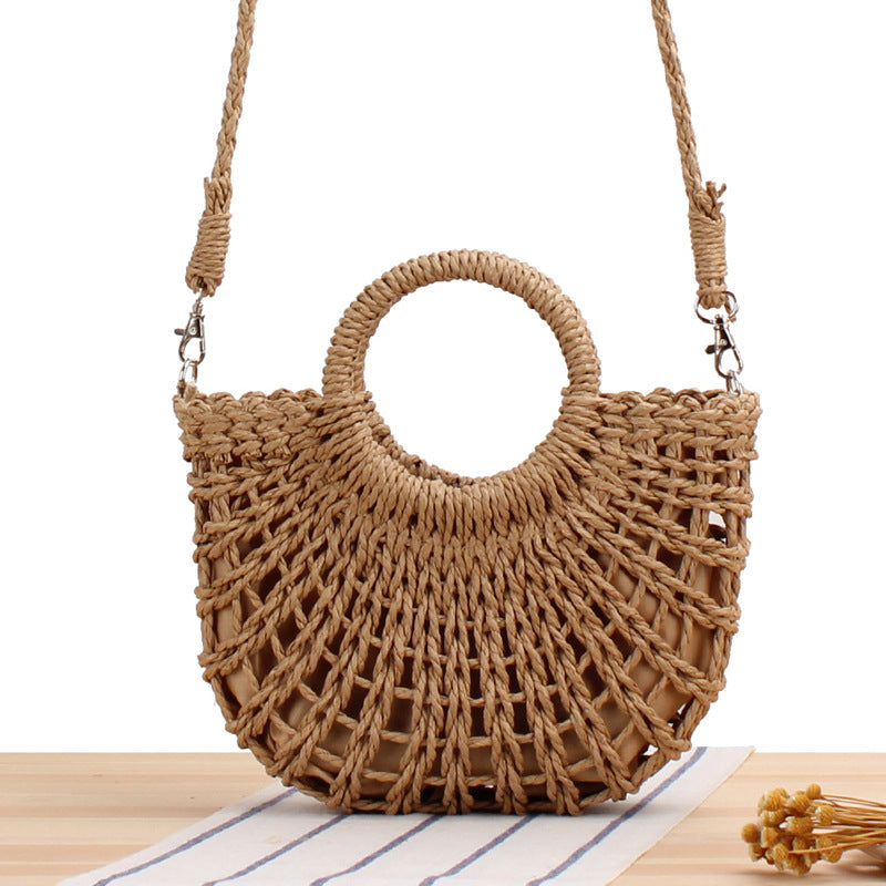 Women's Simple Style Popular Semicircle Hollow Straw Beach Hand-woven Crossbody Bags