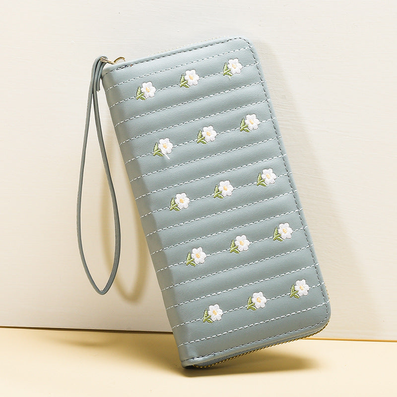 Women's Style Long Single Zipper Embroidered Fresh Sweet Ladies Wallets