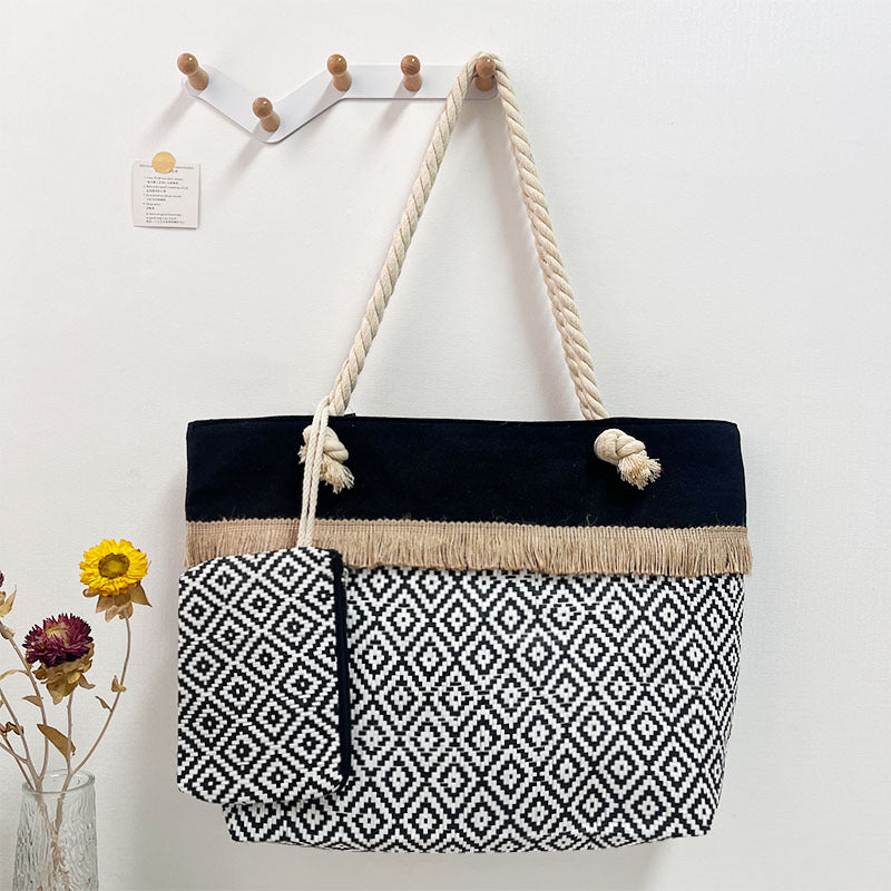 Straw Mat Stitching Large Cotton String Women's Shoulder Bag