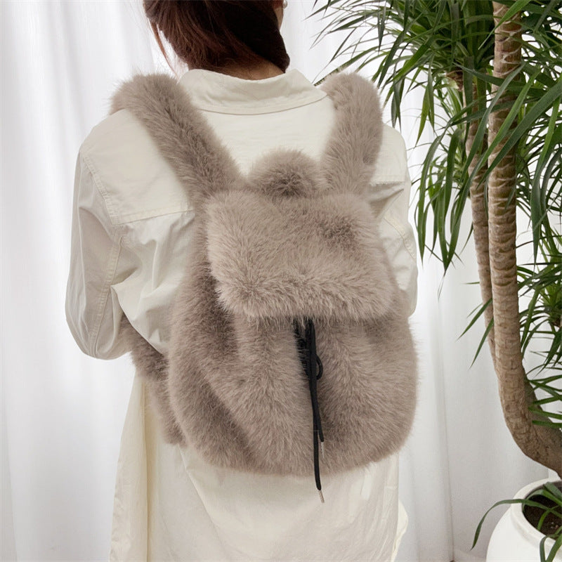 Plush Faux Rabbit Fur Large Capacity Drawstring Leopard Print Handbags